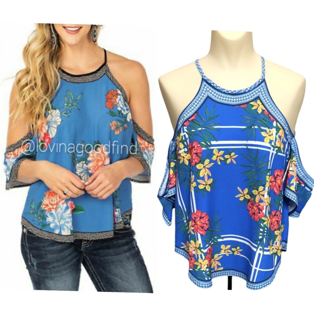 ANTHROPOLOGIE Flying Tomato Blue Floral Cold Shoulder Top NWOT sz XS